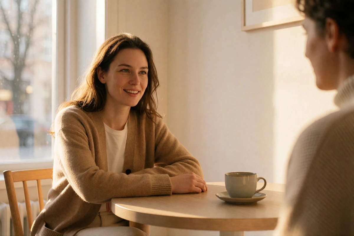 Estonian woman in a camel cardigan smiling mid-conversation at a small table in a bright Nordic-style cafe