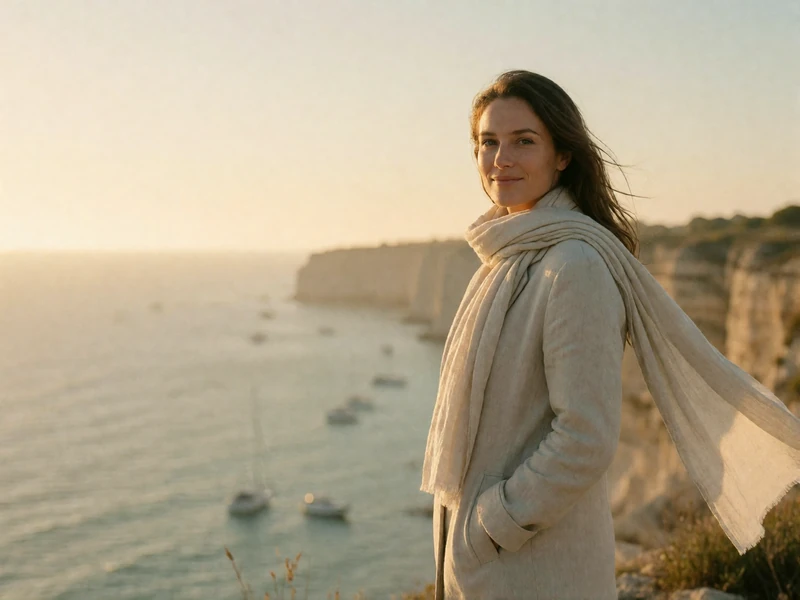 Woman standing at a coastal viewpoint looking back toward the camera at golden hour