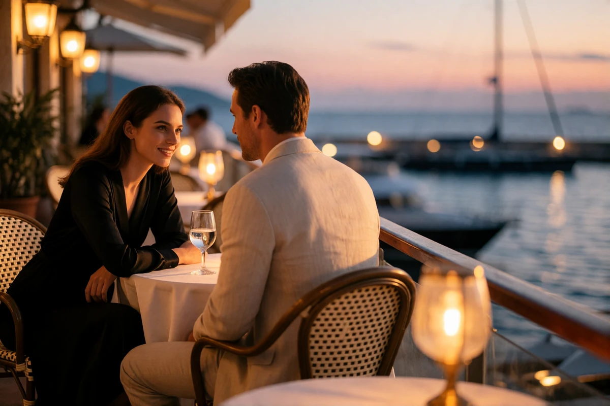 Couple in conversation at a small terrace table above the harbour at sunset