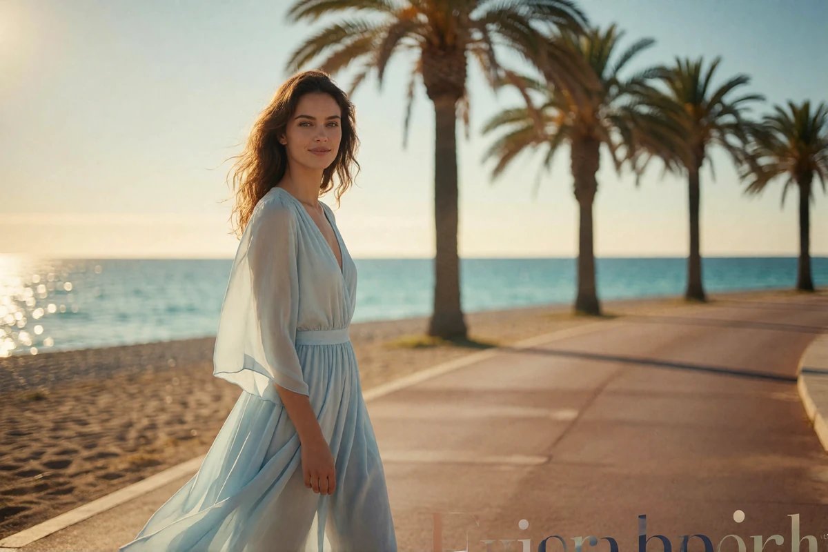Woman in a pale-blue summer dress walking a palm-lined Riviera promenade above the sea