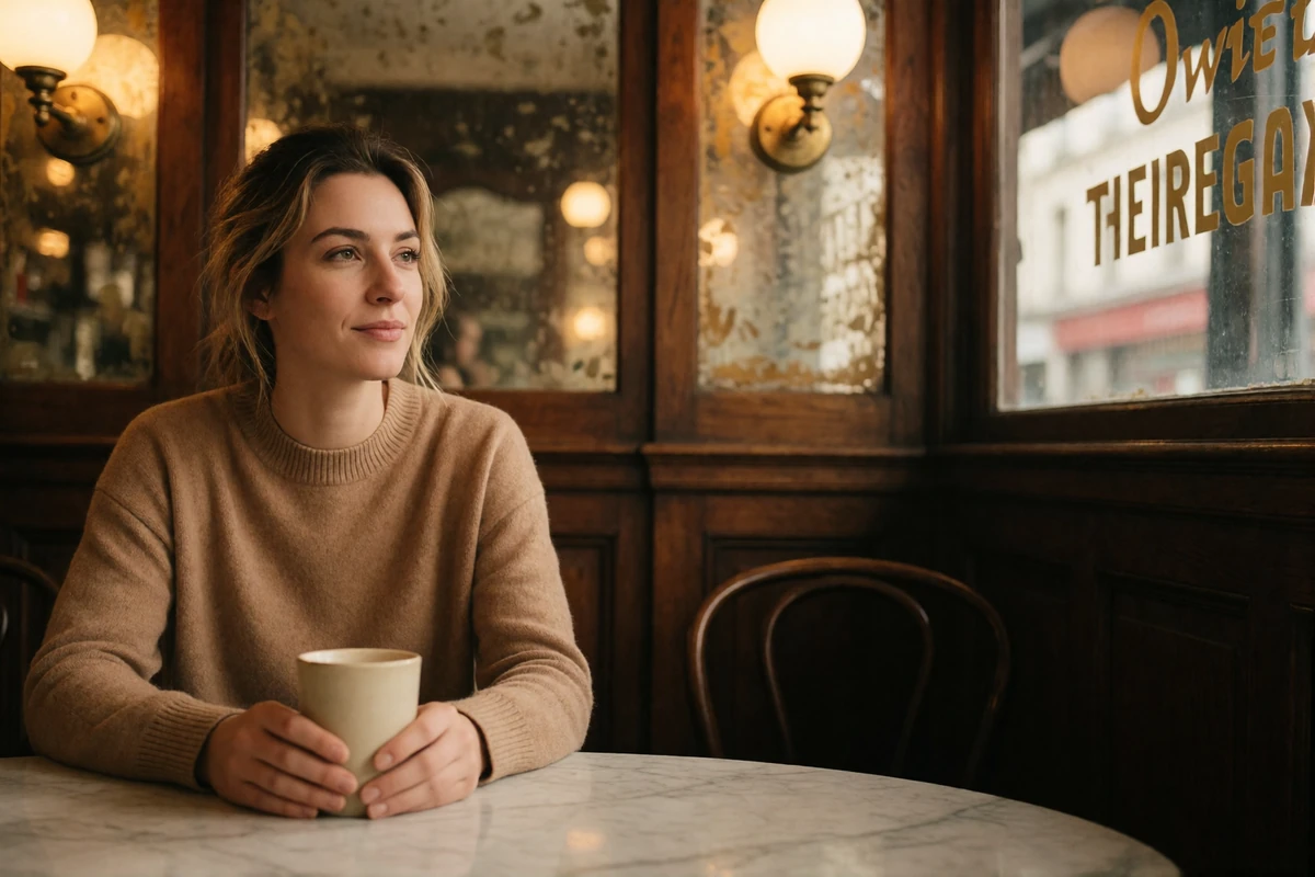 Belgian woman in a camel sweater listening attentively across a marble table in a classic brasserie