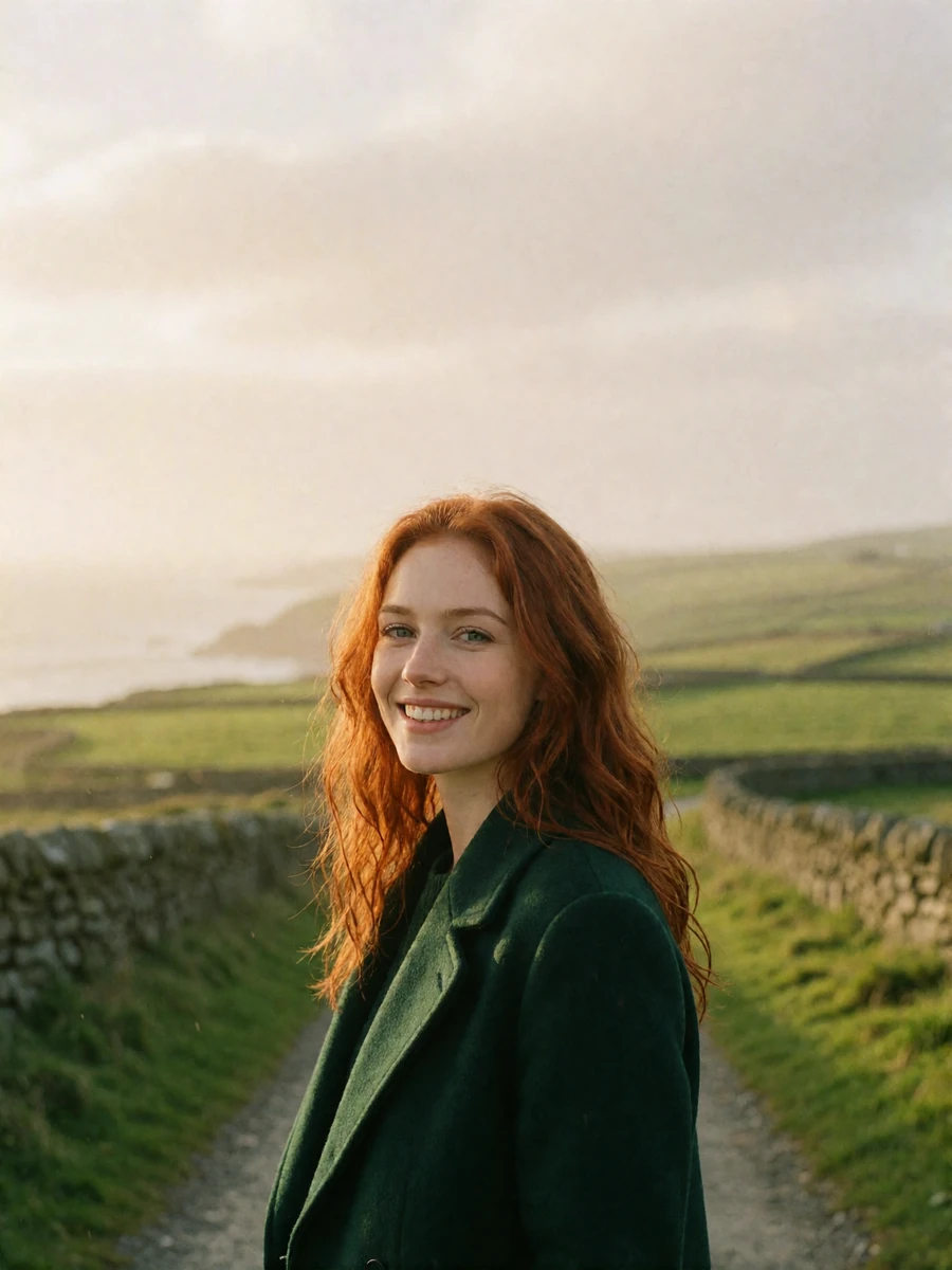 Irish woman with copper-red hair in a green wool coat smiling on a coastal path in rural Ireland
