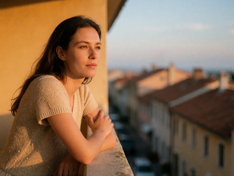 Woman leaning on a sunlit balcony railing looking out over rooftops in warm evening light