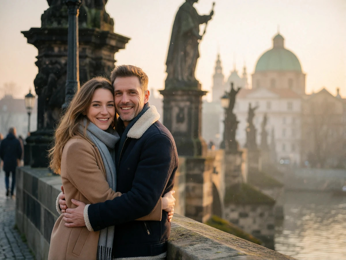 Couple in their forties embracing on an old European stone bridge in warm evening light