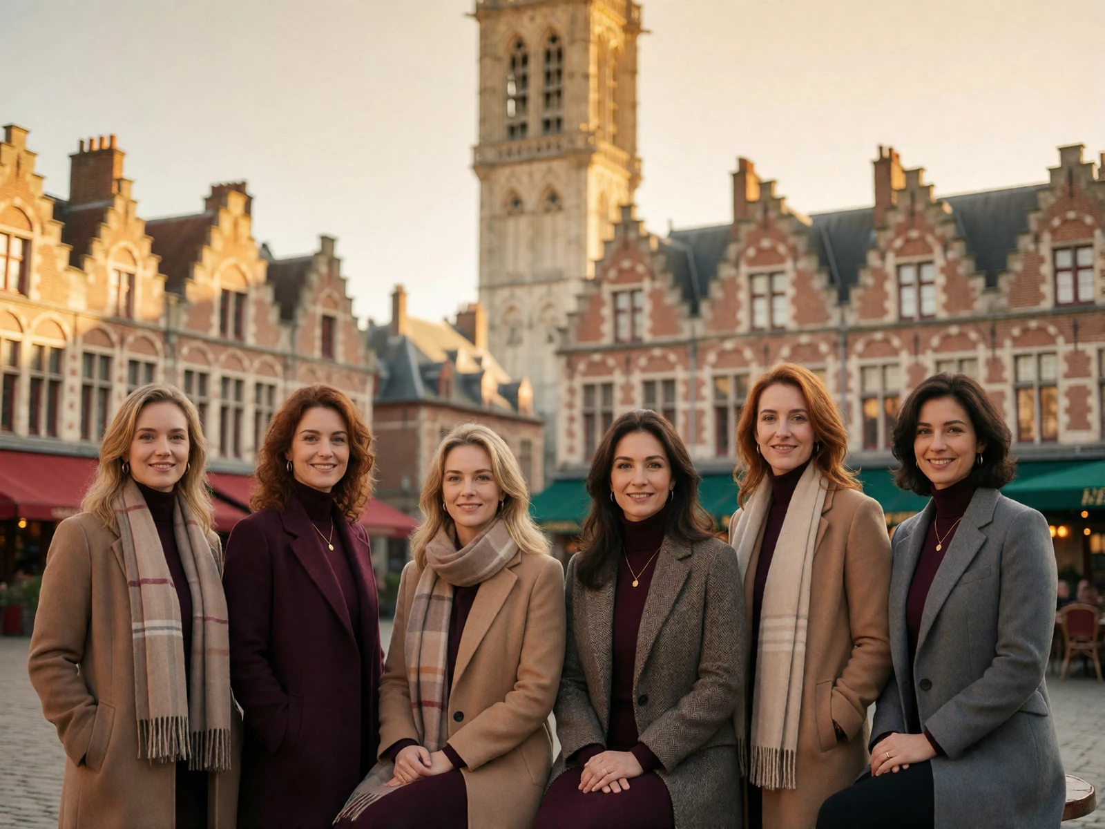Six Belgian women in tailored coats and scarves standing along a cobbled square edged with ornate stepped-gable facades