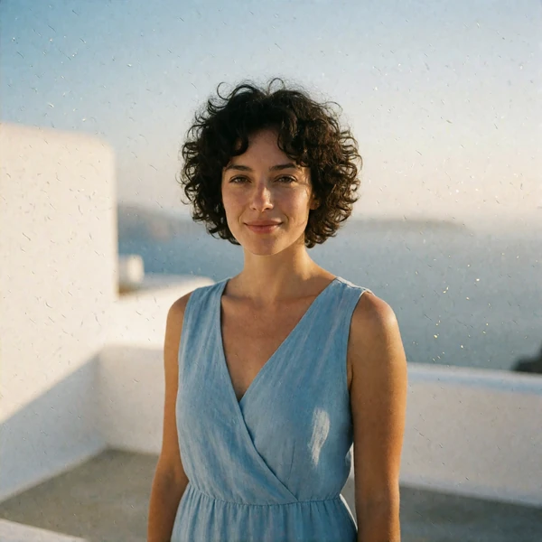 Greek woman in a blue linen dress on an Aegean terrace with whitewashed walls