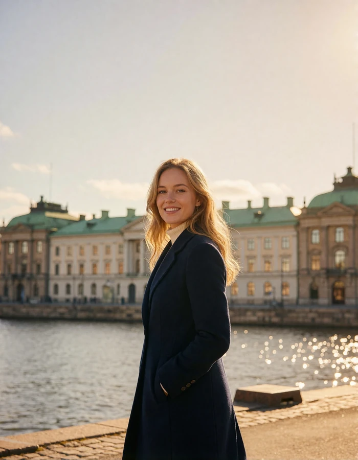 Swedish woman in a navy tailored coat smiling on a Stockholm harbour walkway at golden hour