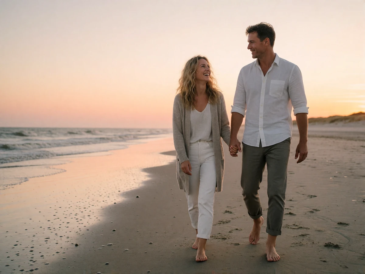 Couple walking barefoot along the North Sea coast at sunset, laughing together