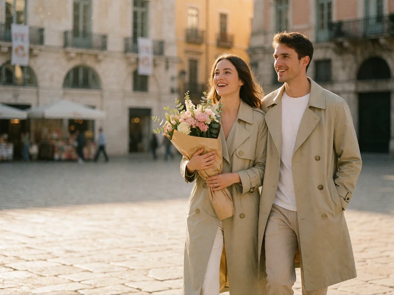 Couple walking through a sunlit European square carrying a bunch of flowers