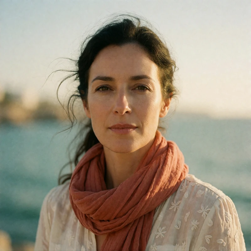 Composed Spanish woman in her mid-forties with dark hair tied back and a terracotta scarf against a blurred Andalusian coastline