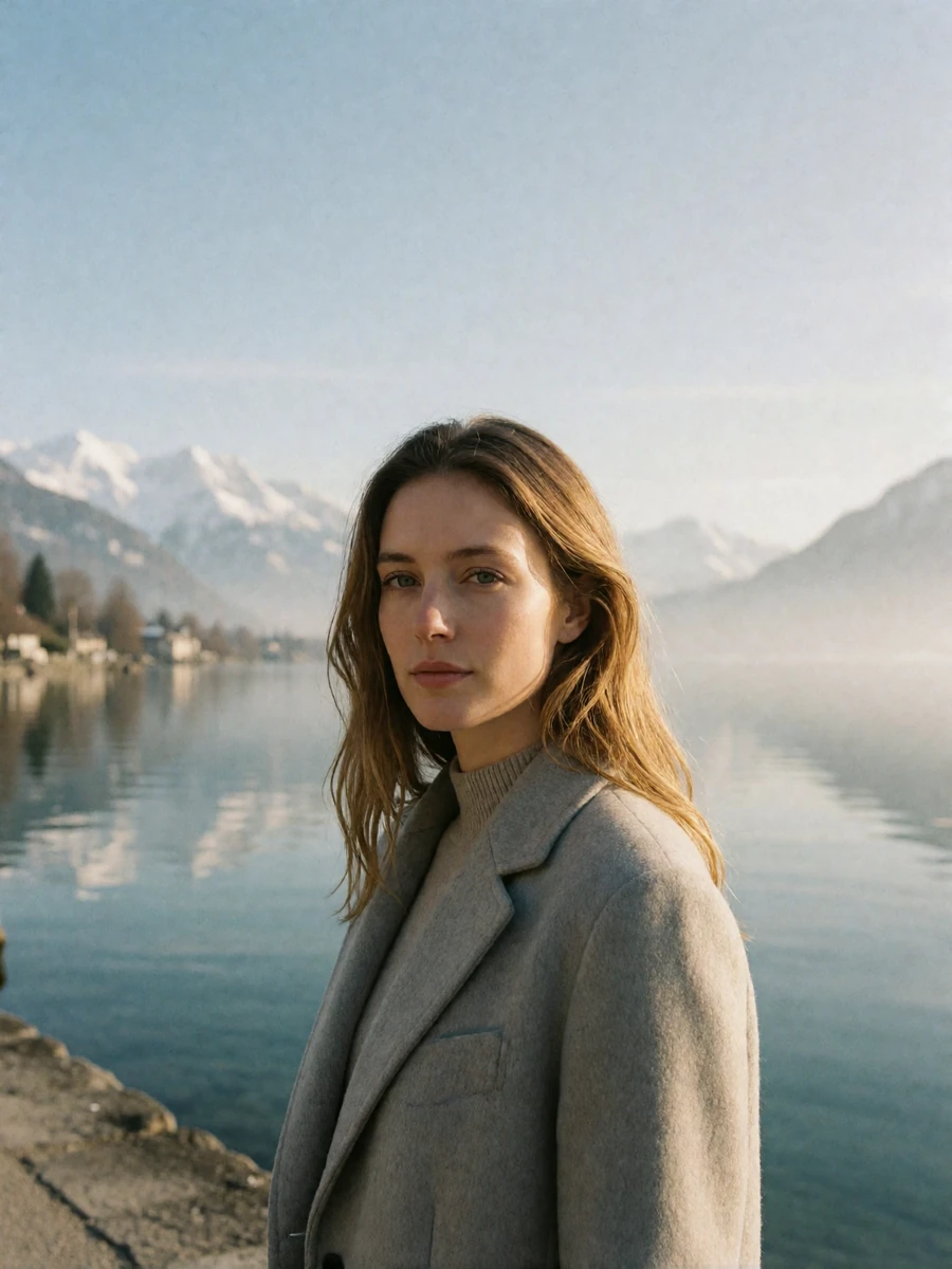 Swiss woman in a soft grey coat standing on a lakeside promenade with alpine peaks behind her