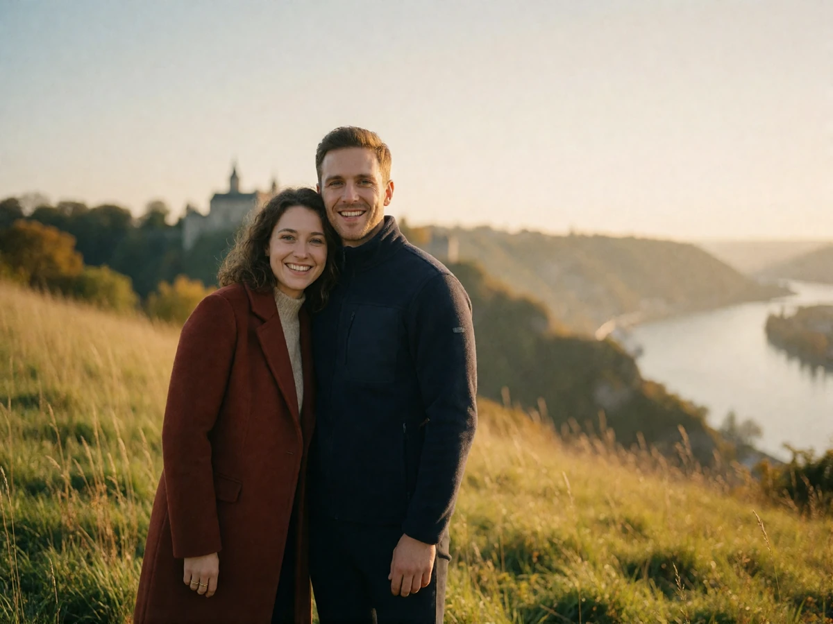 Couple standing on a hillside viewpoint above the Rhine valley with a distant castle ridge behind them