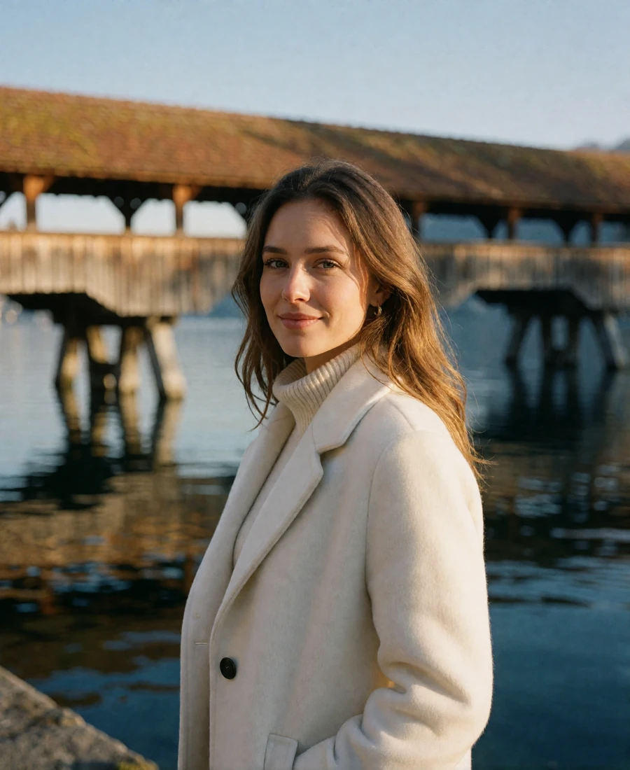 Swiss woman in a soft white coat standing on a Lucerne quay with a covered wooden bridge softly blurred behind her