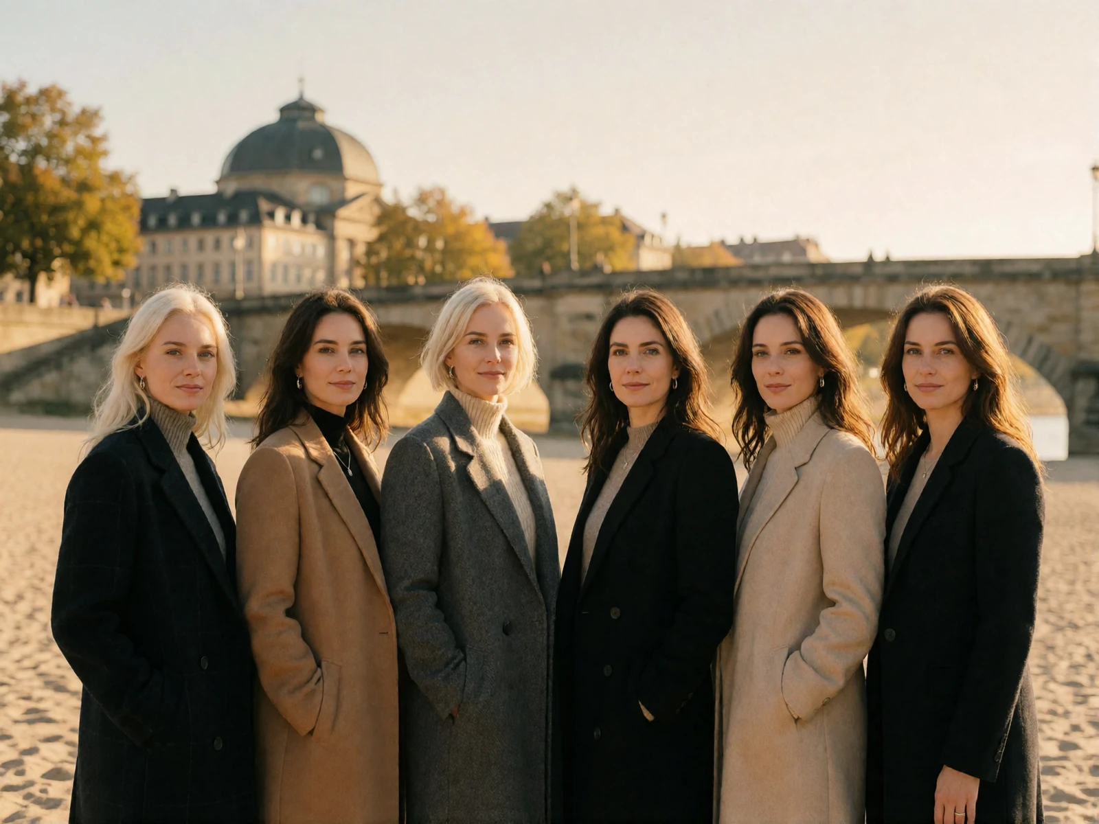 Six German women in tailored coats and knitwear standing along a sandstone riverside promenade in warm afternoon light