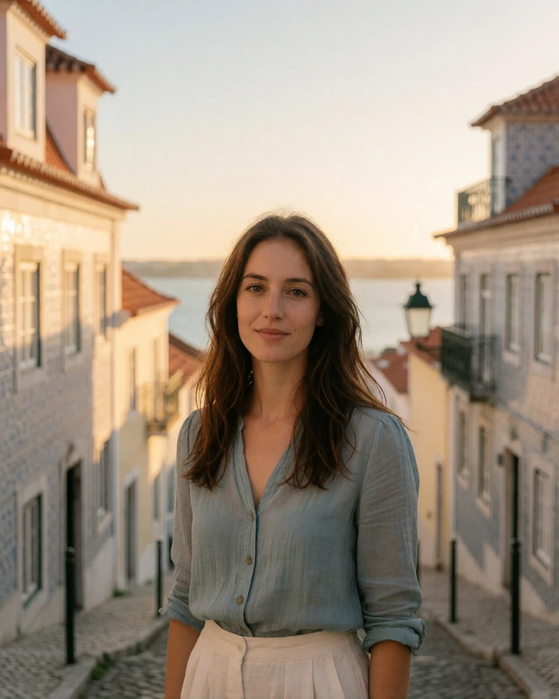 Gentle Portuguese woman in her thirties with long brown hair on a Lisbon hillside street