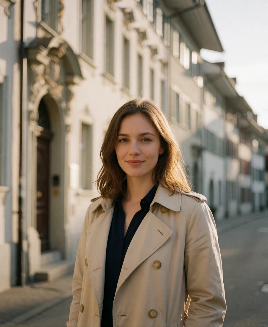 Swiss woman in a beige trench coat standing on a St Gallen old-town street