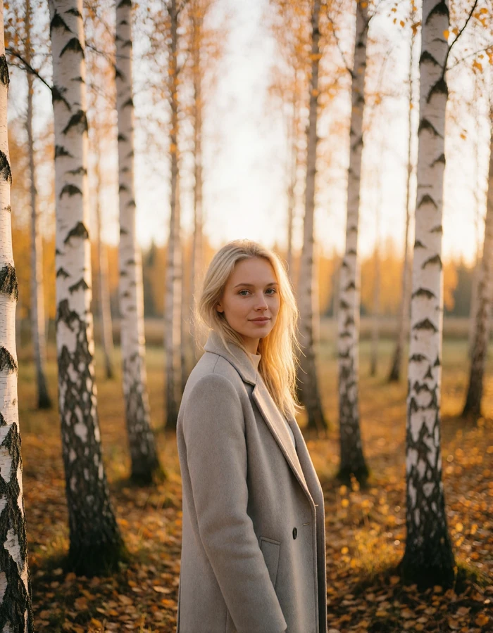 Finnish woman in a soft grey wool coat standing among slender white birch trunks in golden autumn light