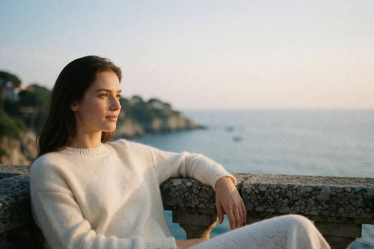 Woman in an ivory sweater relaxing on a stone seaside terrace bench, gazing calmly toward the coastline