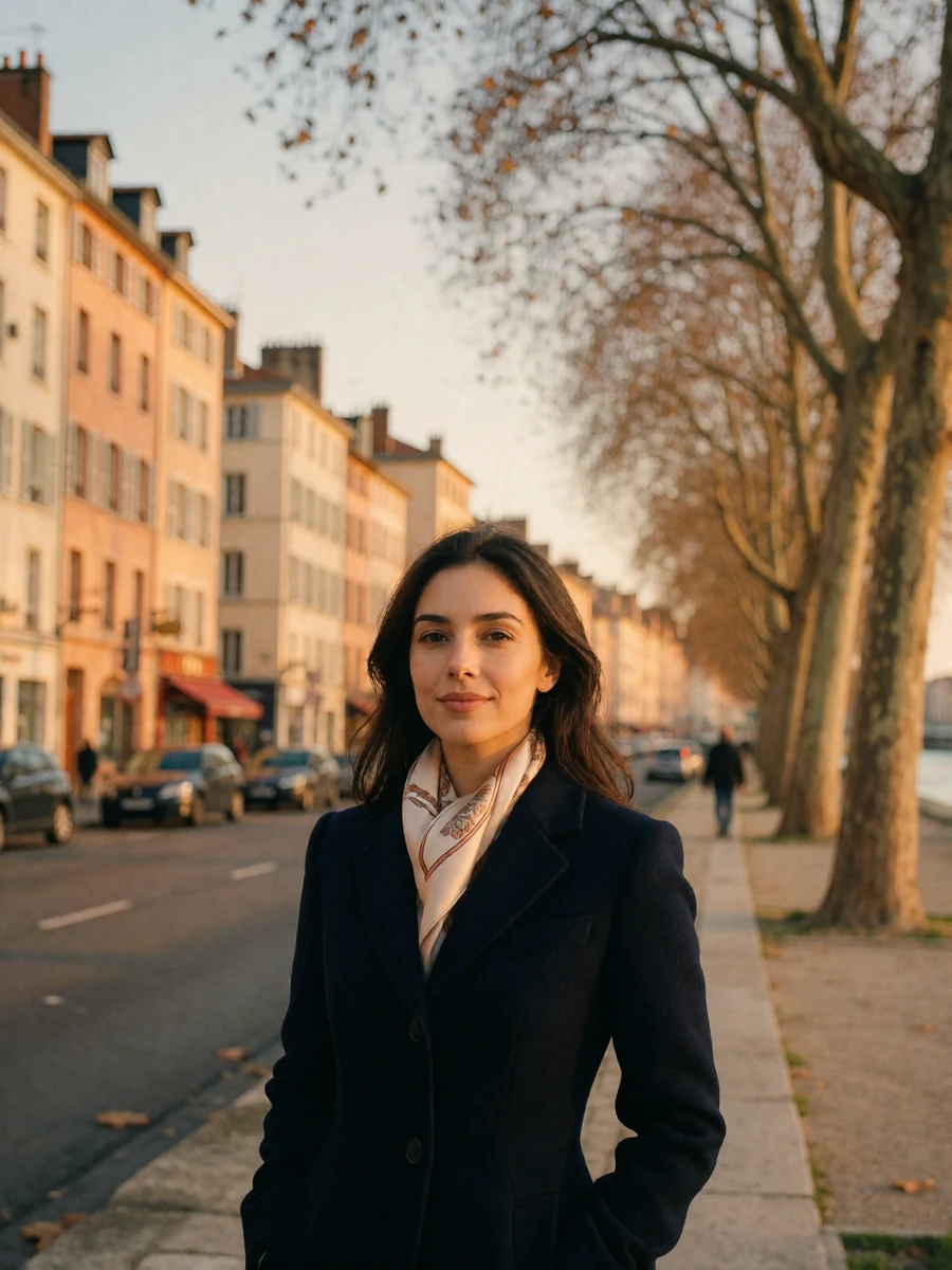 French woman in a fitted navy coat standing on a riverside street in Lyon at golden hour