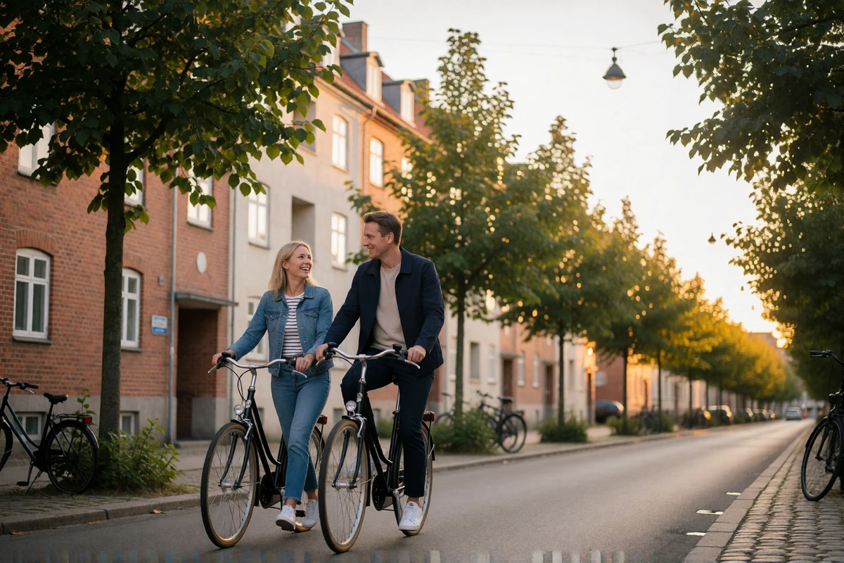 Couple walking bicycles together and laughing along a leafy Copenhagen residential street