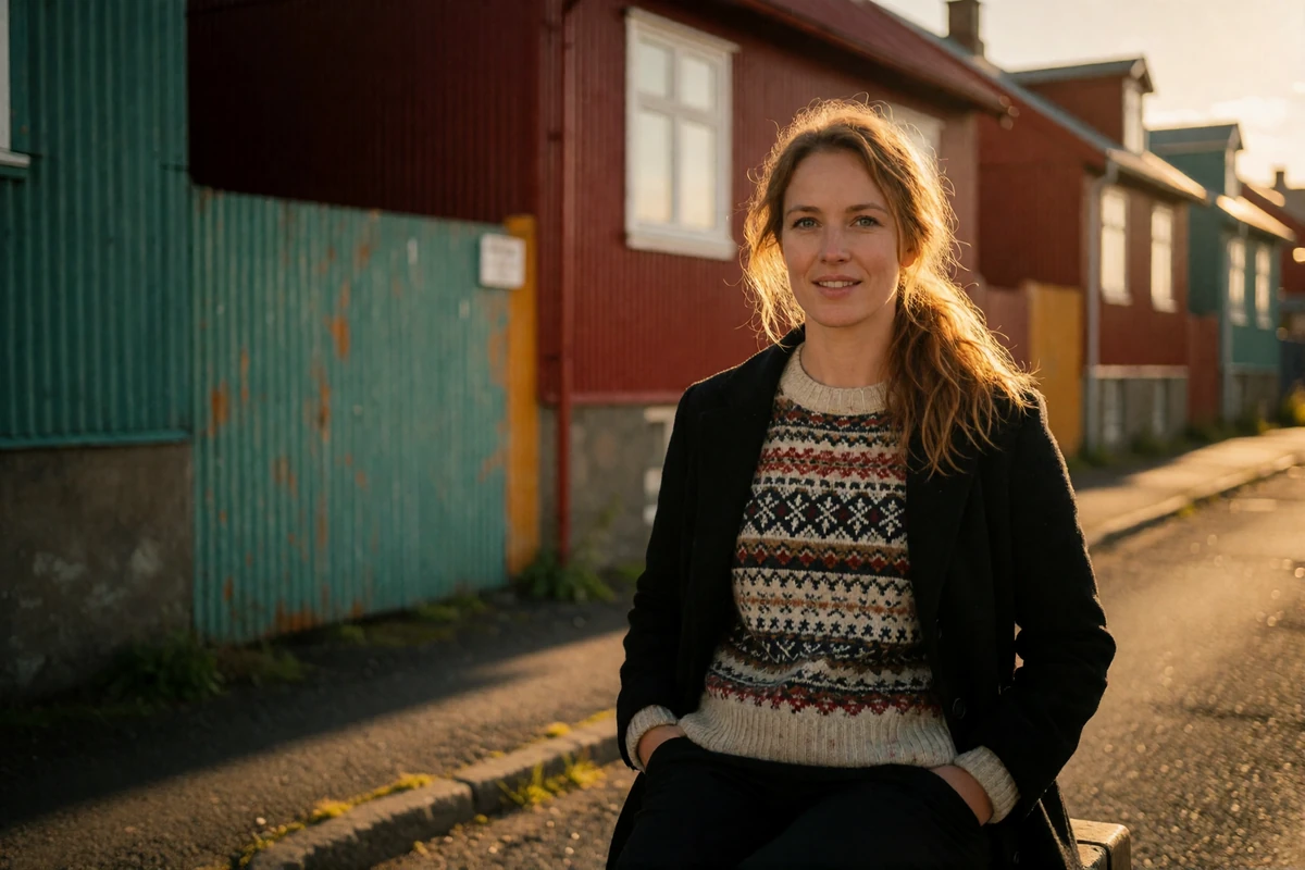 Icelandic woman in a patterned wool sweater and open black coat walking a colourful Reykjavik residential street