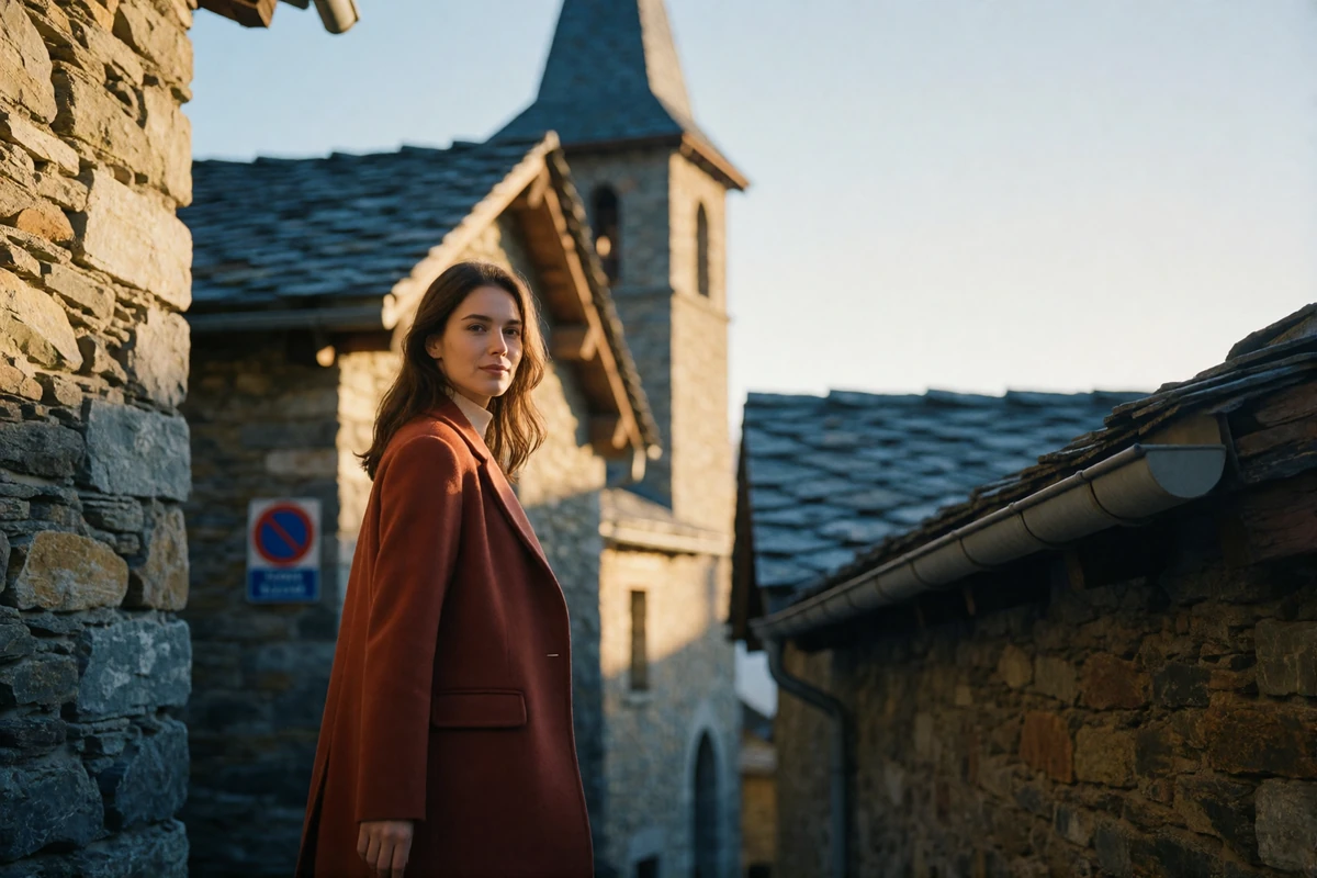 Woman in a rust-coloured coat walking through the narrow stone streets of Andorra la Vella old quarter