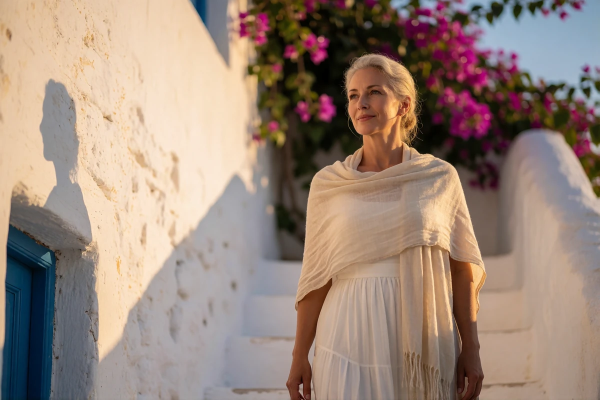 Greek woman in her forties descending a whitewashed island stairway in late afternoon light