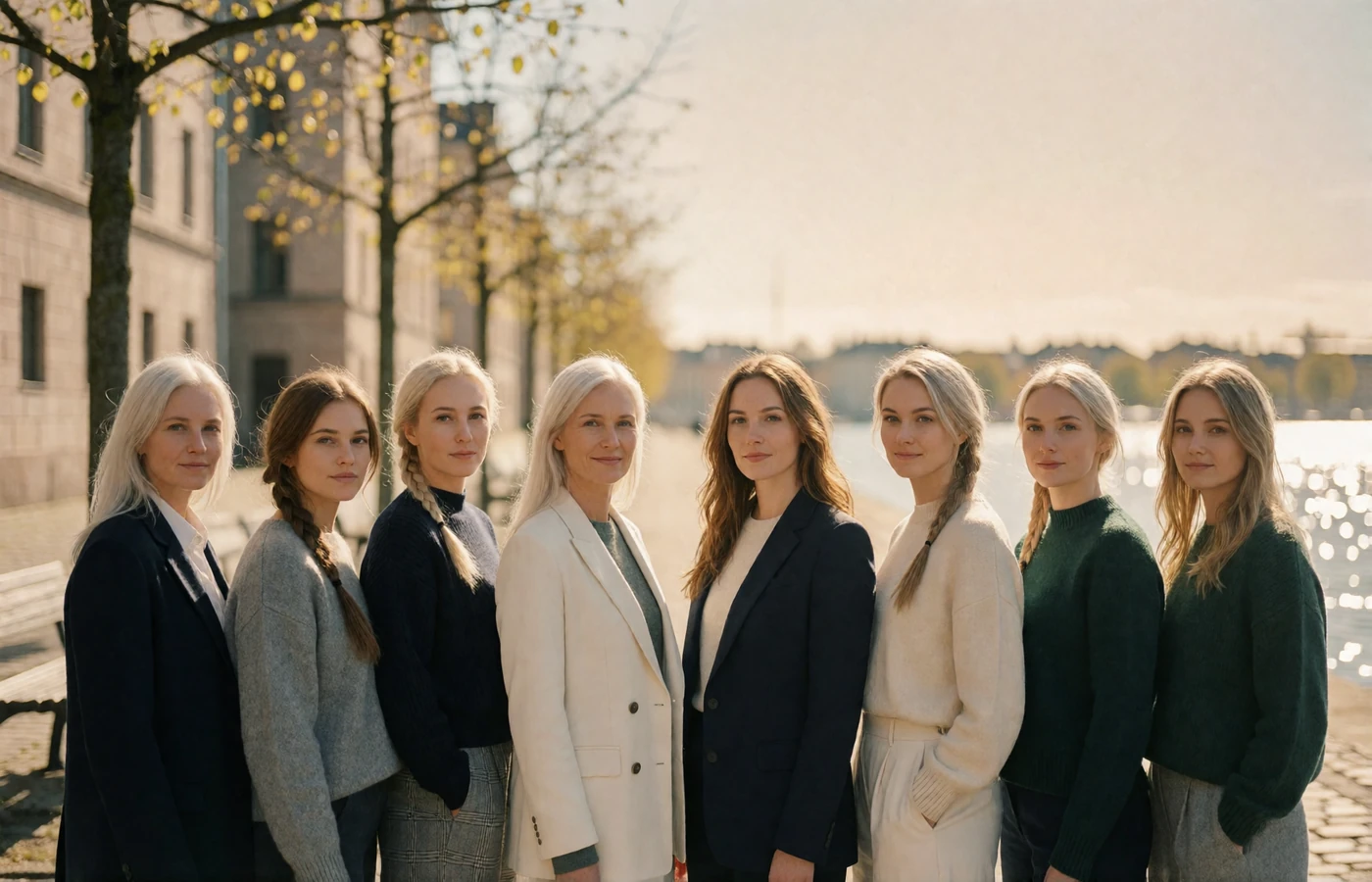 Eight Finnish women in restrained contemporary clothing standing along a sunlit Helsinki waterfront esplanade