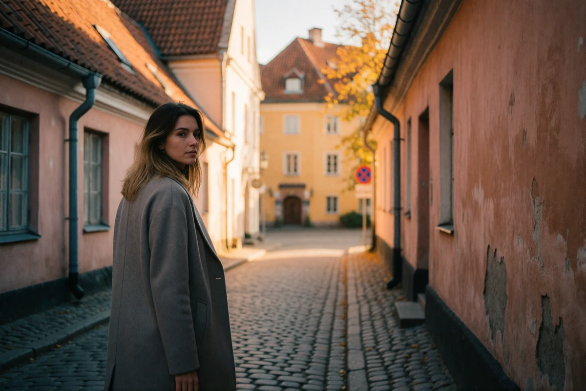Latvian woman in a grey wool coat walking alone through a cobbled lane in Riga old town at golden hour