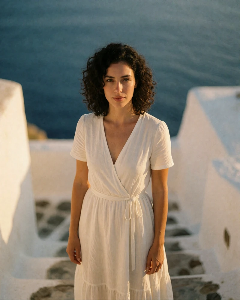 Greek woman in a white cotton dress standing on a Cycladic stone stairway