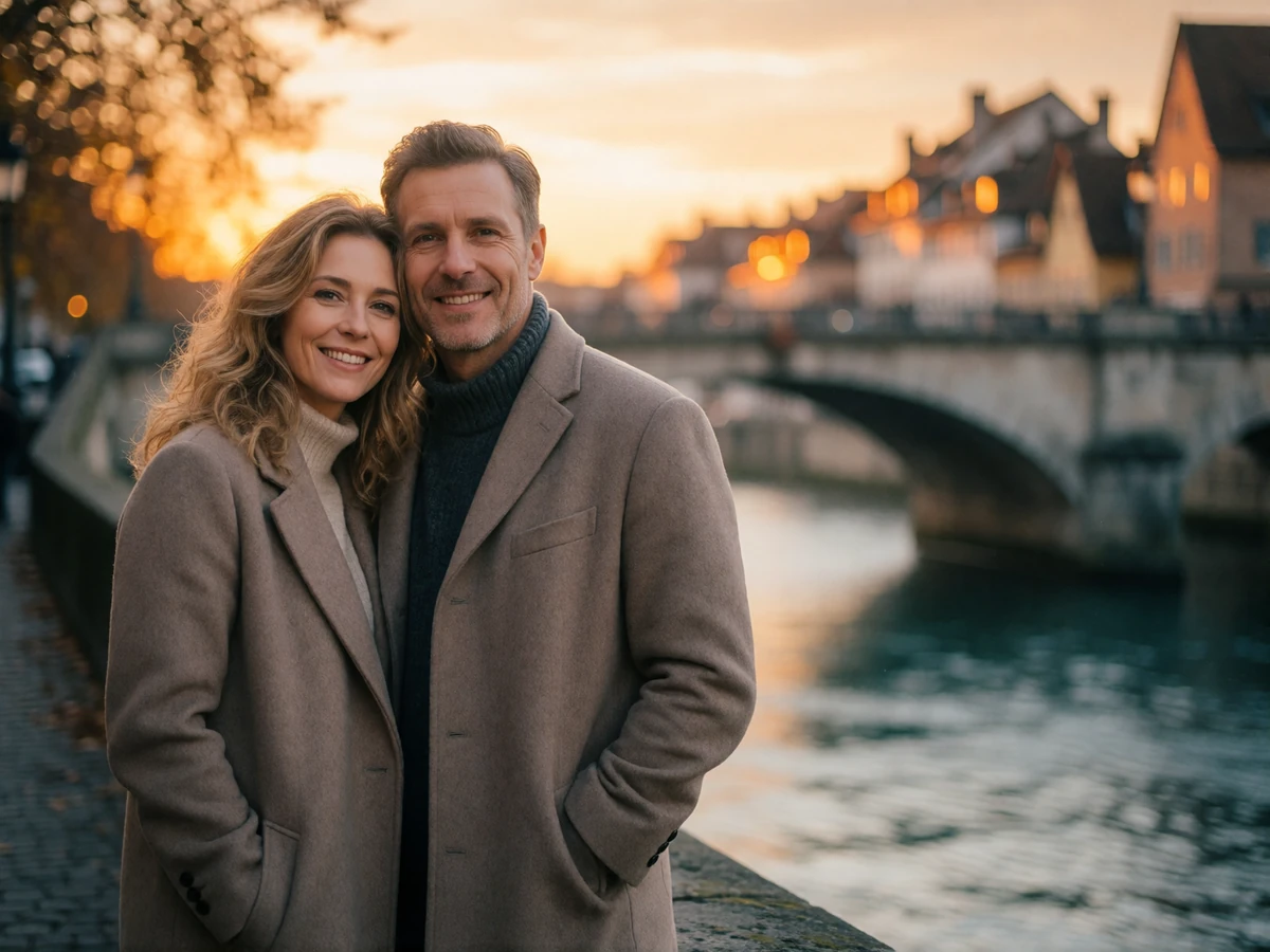 Couple in their forties standing close on a European riverside walkway at sunset, smiling toward the camera