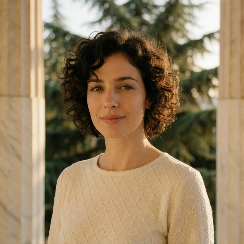 Warm Greek woman in her mid-thirties with dark curls smiling near Athenian marble columns