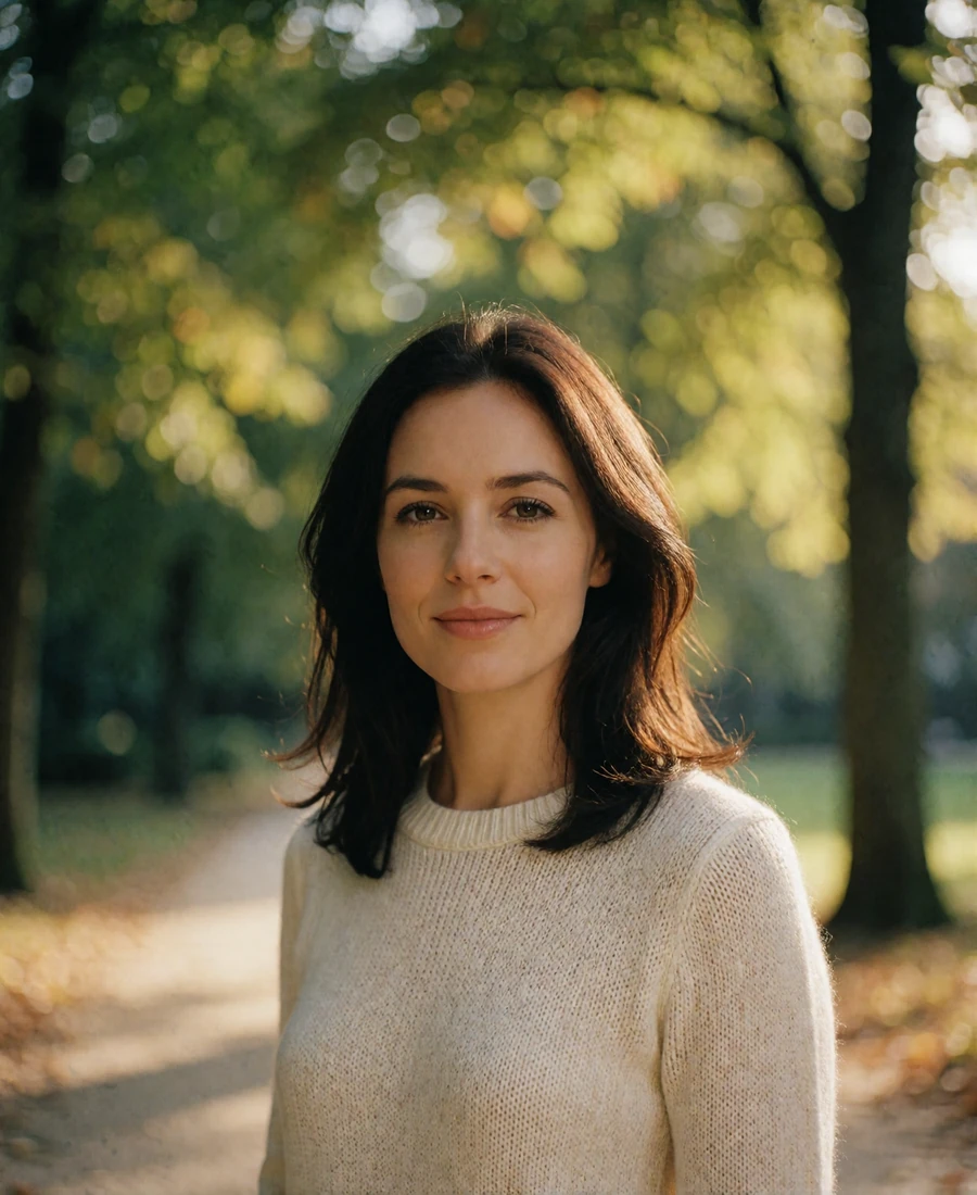 Luxembourgish woman with dark chestnut hair smiling in a leafy Luxembourg City park