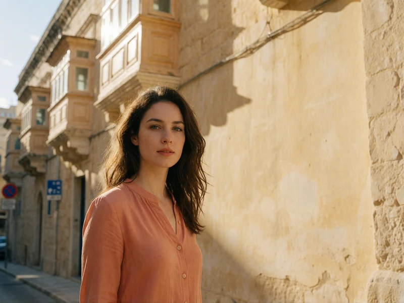 Maltese woman in a coral blouse standing on a honey-coloured street in Valletta with traditional balconies