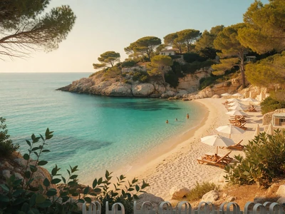 Curving Mediterranean shoreline with turquoise water and umbrella pines