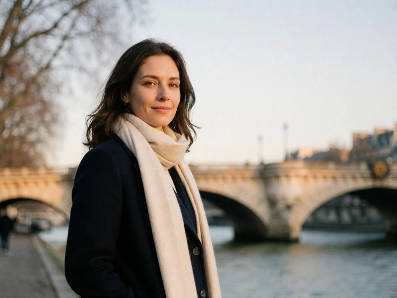 French woman in a navy coat standing along a Parisian riverside walkway