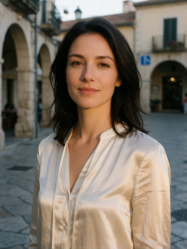 Sammarinese woman in a white blouse smiling in a quiet hillside town square near San Marino