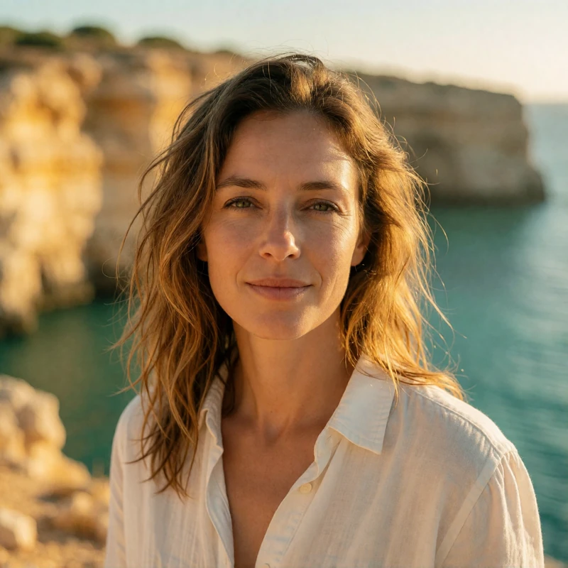 Sun-kissed Portuguese woman with loose hair smiling against blurred golden Algarve cliffs