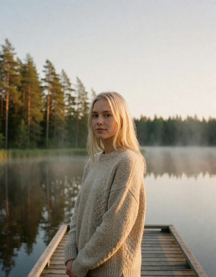 Finnish woman in an oatmeal sweater standing on a wooden lakeside jetty in soft evening light