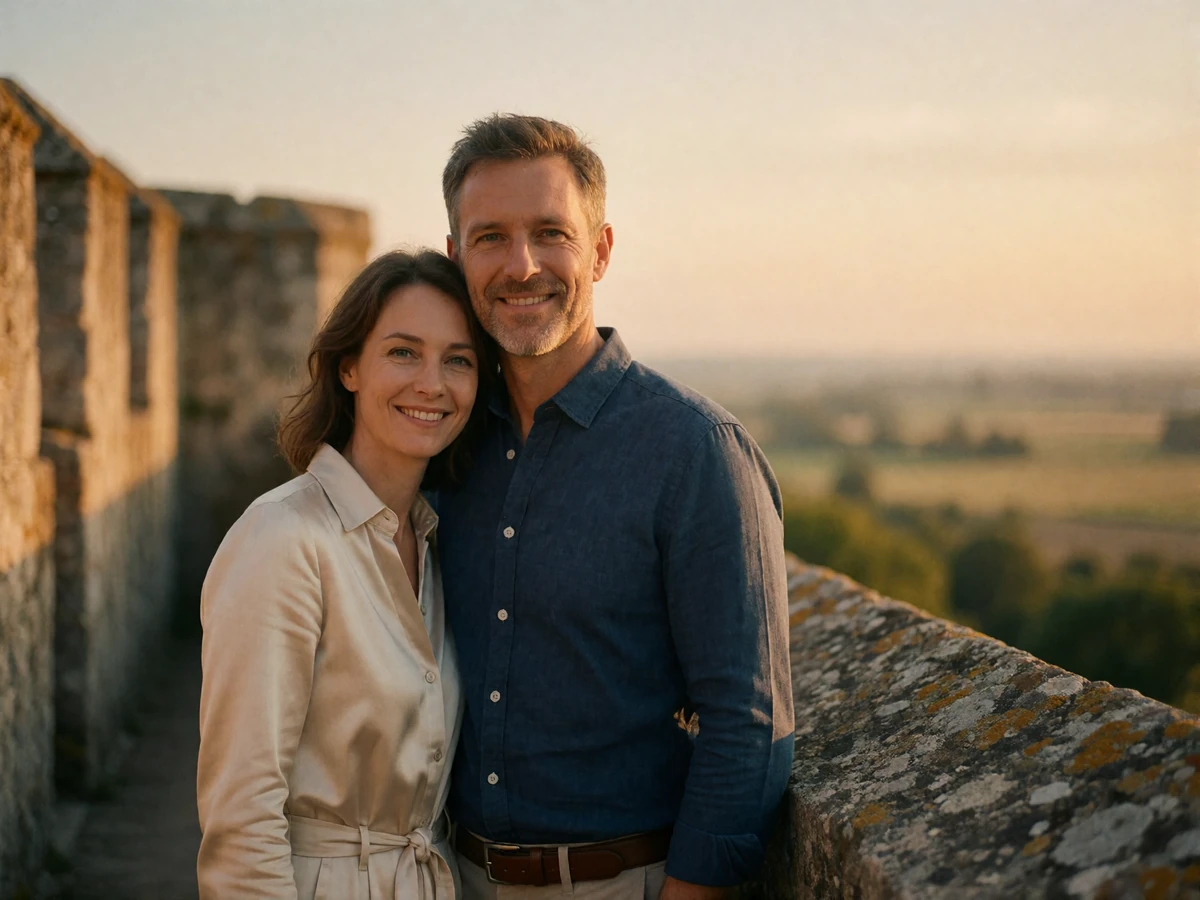 Couple in their forties standing together on an old fortress walkway above the San Marino countryside at sunset
