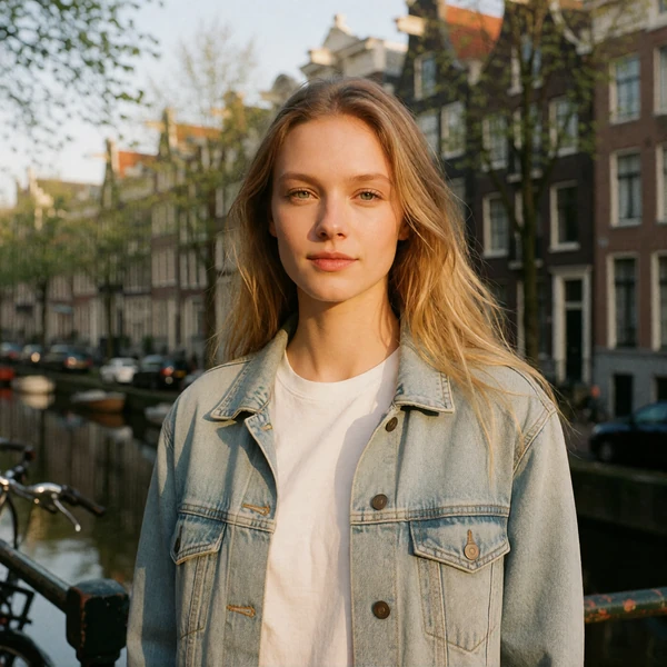 Dutch woman in a denim jacket beside an Amsterdam canal with brick gables behind