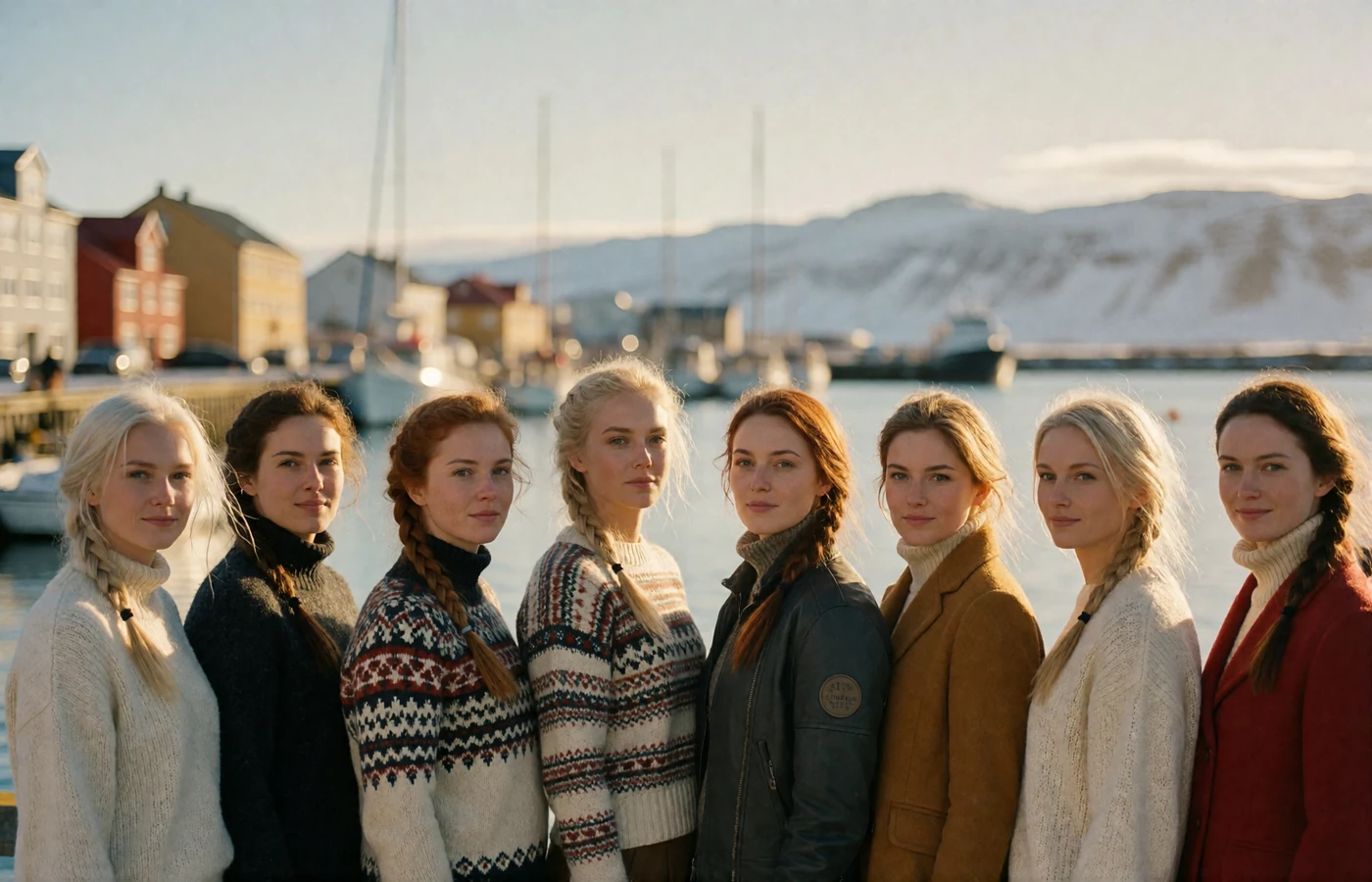 Eight Icelandic women of varying ages standing along a sunlit Reykjavik harbourside walkway with mountains across the bay