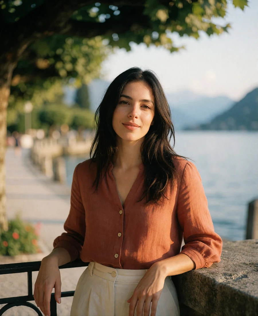 Swiss woman with long dark hair smiling on a Lugano lakeside terrace