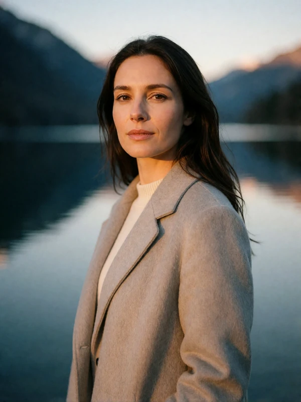 Andorran woman in a grey coat standing calmly beside a still mountain lake