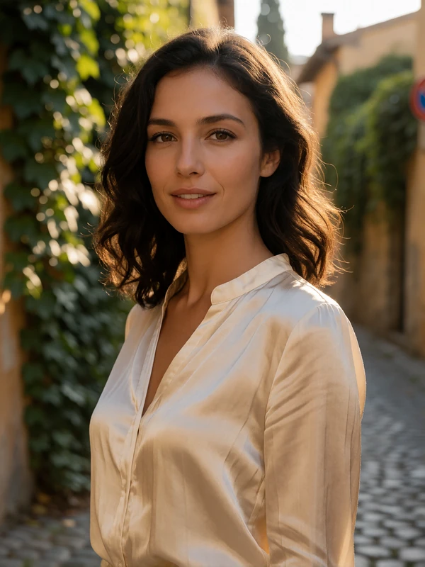 Portrait of Alessandra, a member from Trastevere, Rome, smiling in warm golden-hour light