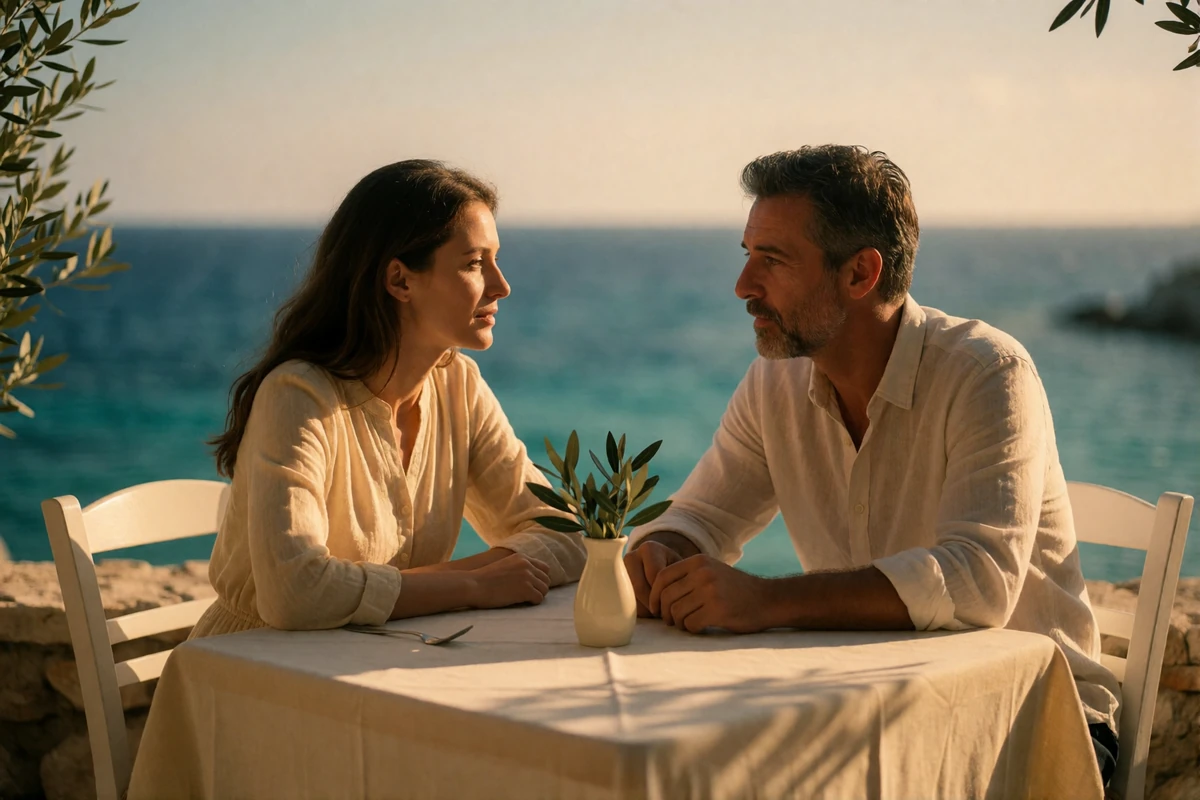 Couple in their forties sharing a quiet conversation at a seaside taverna table above the Mediterranean
