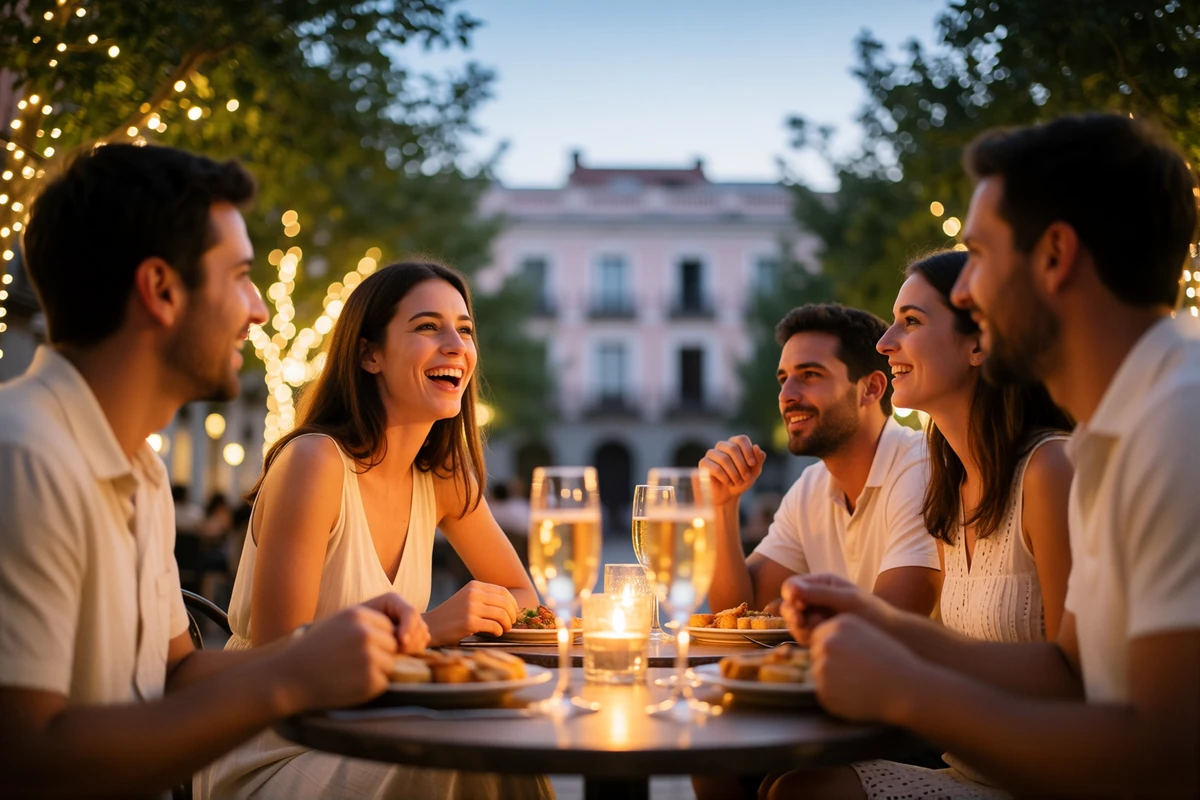 Friends and family gathered around small tables on a Madrid plaza at dusk, a smiling woman mid-laugh at the centre