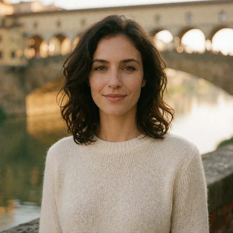 Portrait of an Italian woman from the Tuscany region, warm and approachable, softly lit