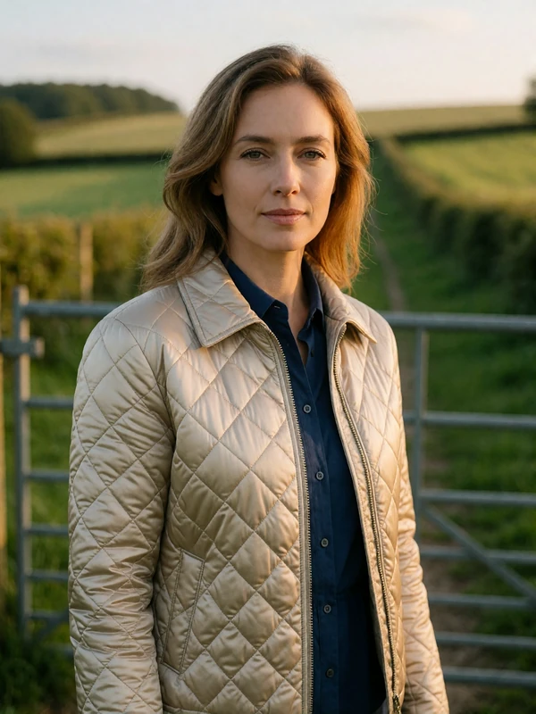 Irish woman in an olive jacket standing beside a farm gate in green countryside