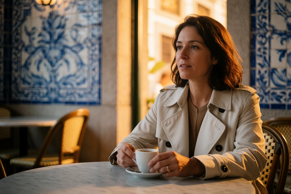 Portuguese woman in a light trench coat in unhurried conversation at a marble cafe table in Porto